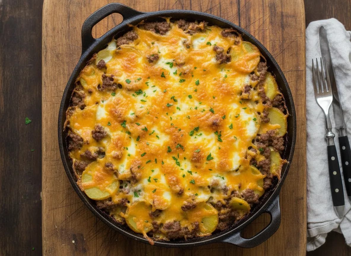 Air Fryer Cheesy Ground Beef and Potato Bake