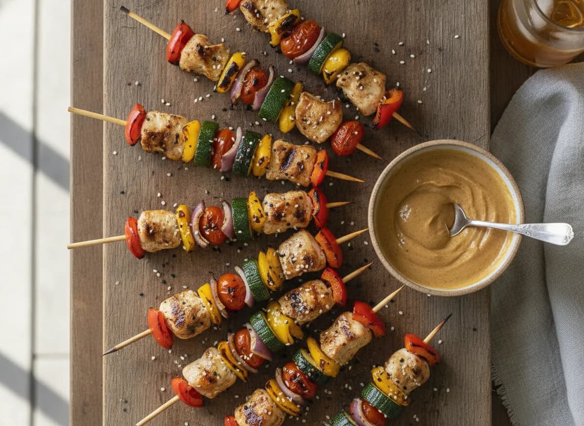 Air Fryer Chicken and Veggie Skewers with Peanut Sauce