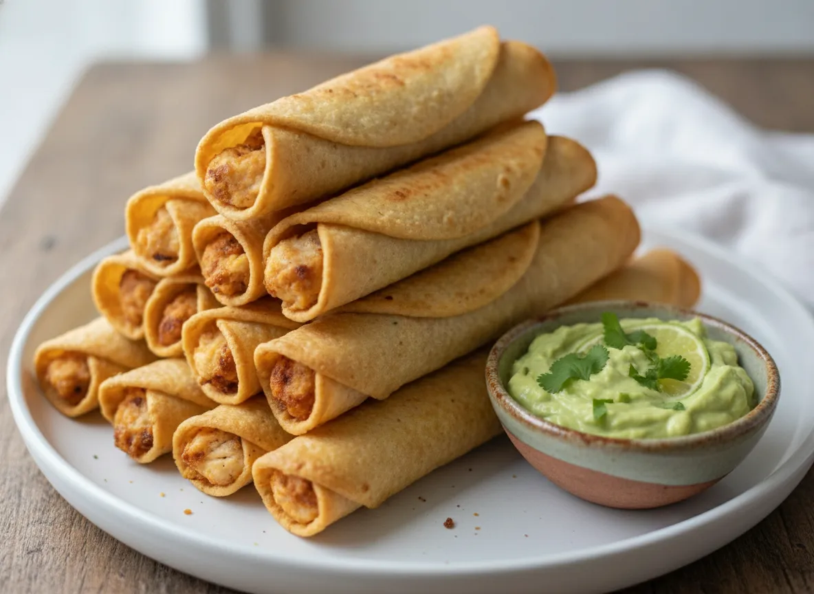 Air Fryer Chicken Taquitos with Avocado Crema