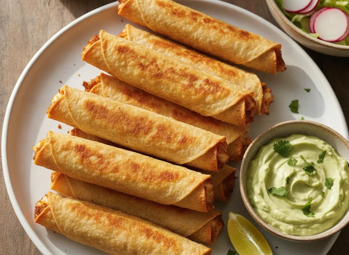 Air Fryer Crispy Chicken Taquitos with Avocado Crema