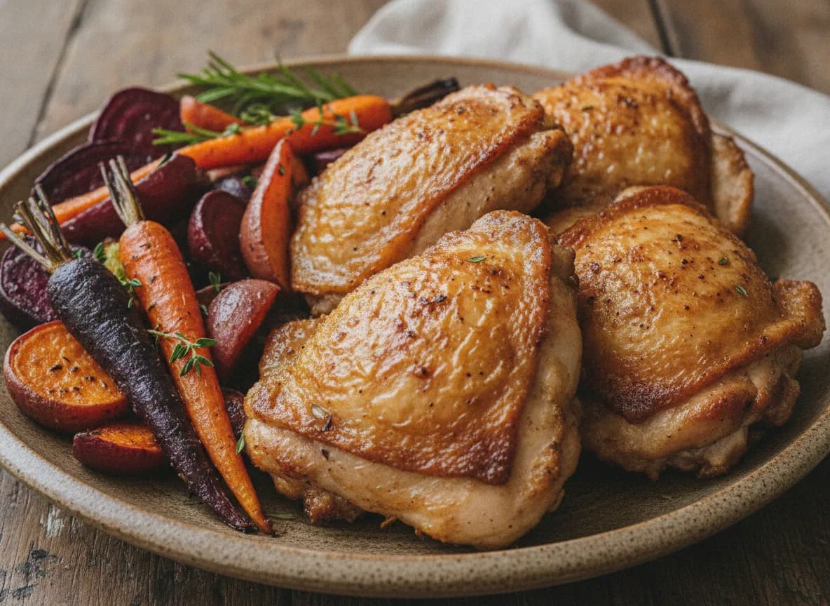 Air Fryer Crispy Chicken Thighs with Root Vegetables