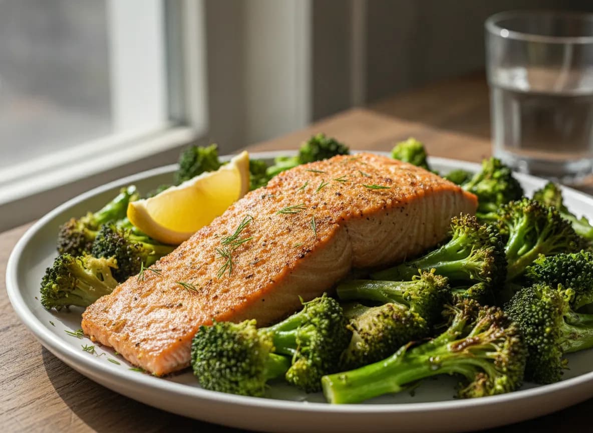 Air Fryer Crispy Salmon with Roasted Broccoli