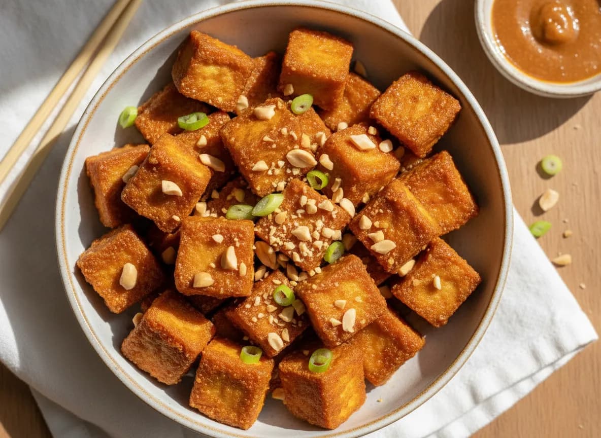 Air Fryer Crispy Tofu with Peanut Sauce