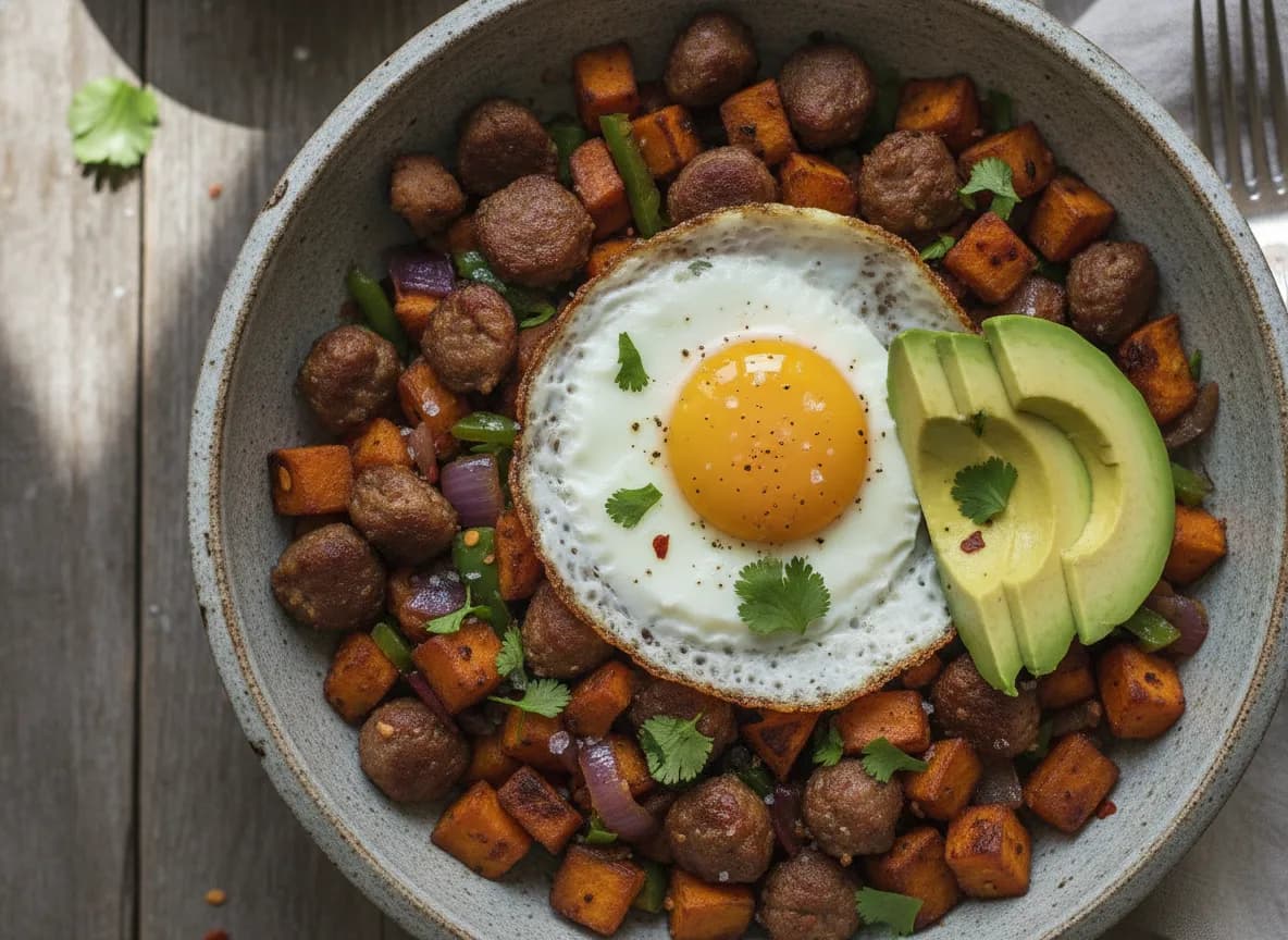 Air Fryer Spicy Sausage and Sweet Potato Hash