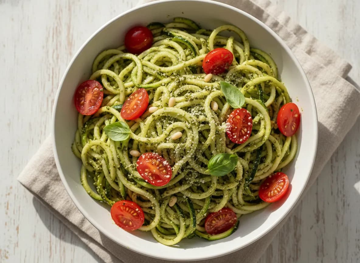 Air Fryer Zucchini Noodles with Pesto and Cherry Tomatoes