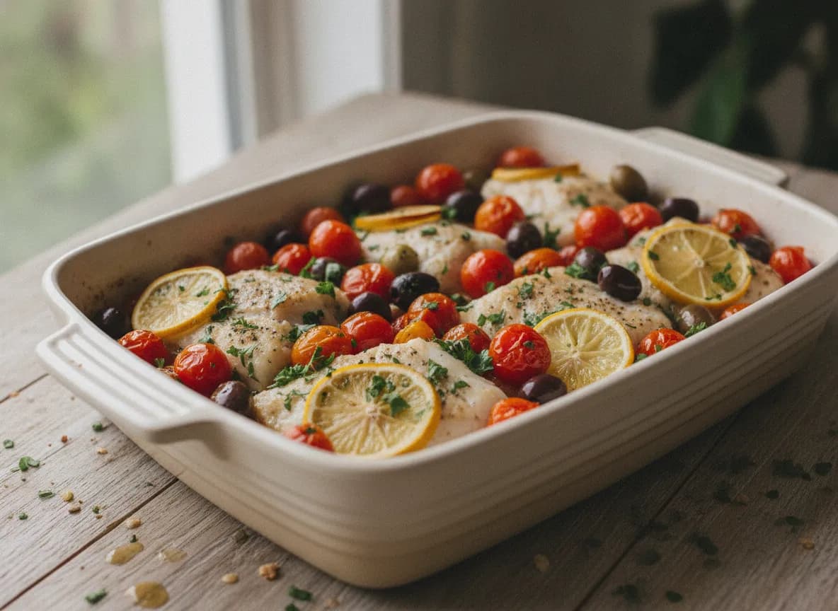 Baked Cod with Cherry Tomatoes and Olives