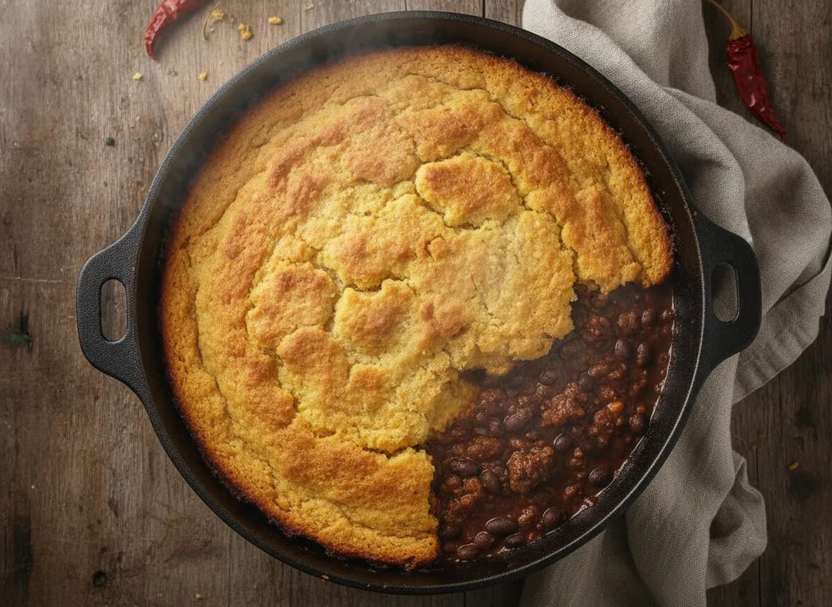 Beef and Black Bean Chili with Cornbread Topping
