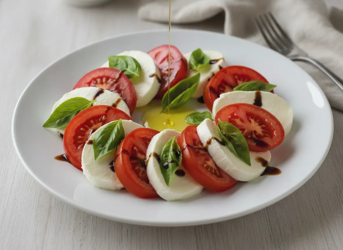 Caprese Salad — Ripe tomatoes, fresh mozzarella, and basil drizzled with olive oil and balsamic. The colors of the Italian f…