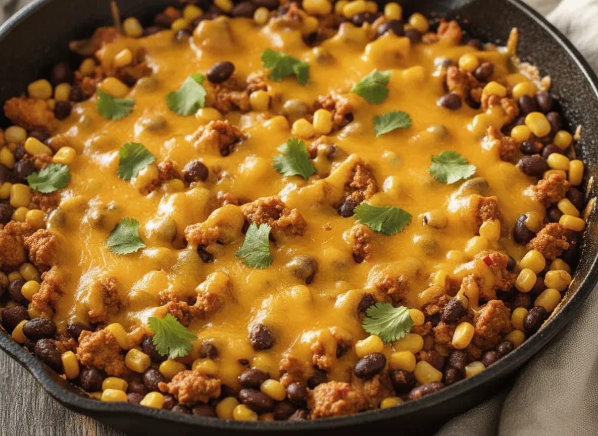 Cheesy Baked Ground Turkey and Black Bean Skillet