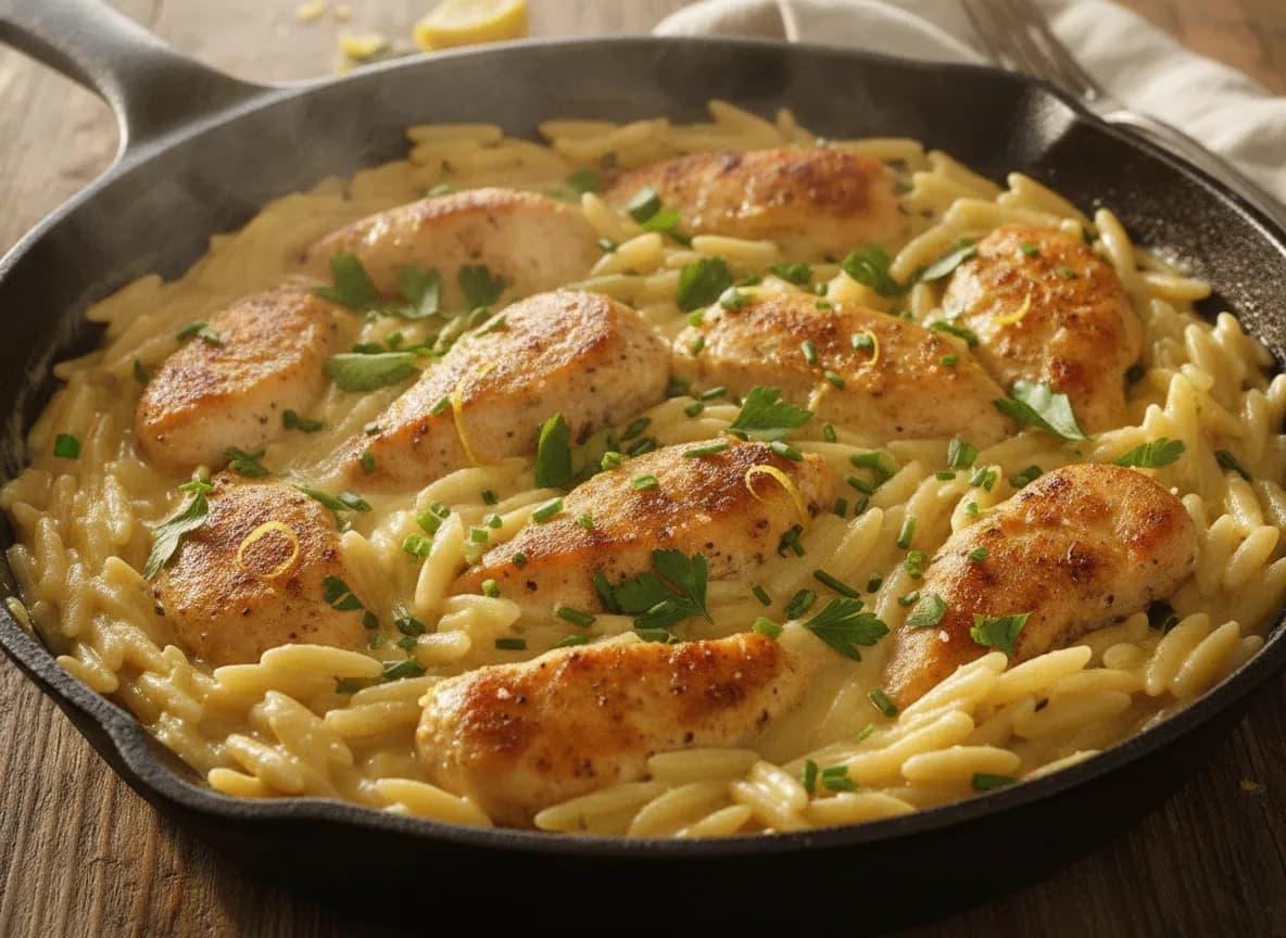 Creamy Lemon Herb Chicken and Orzo Skillet