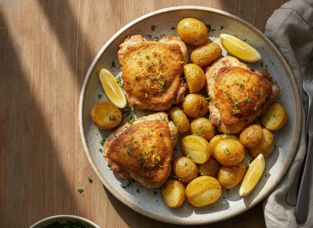 Crispy Air Fryer Lemon Herb Chicken Thighs with Roasted Potatoes