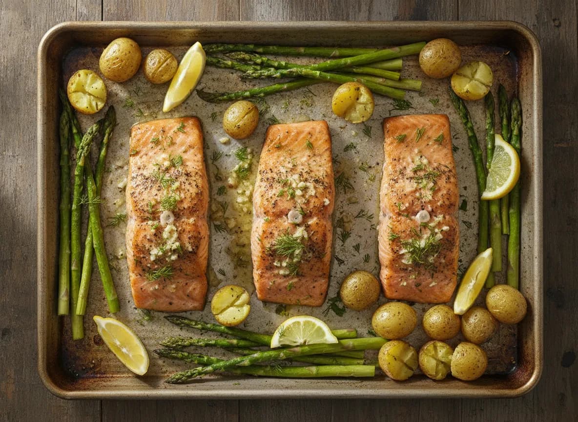 Garlic Butter Salmon with Roasted Asparagus and Potatoes