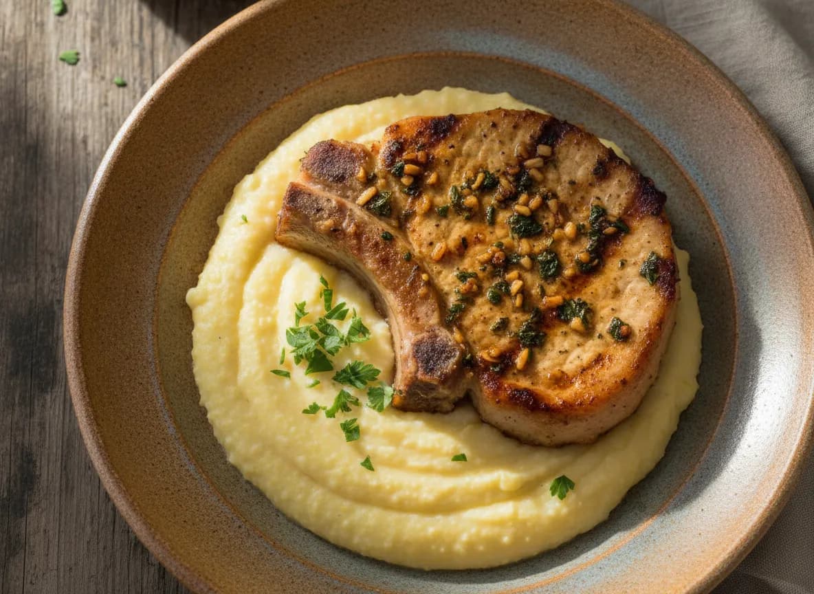 Garlic-Herb Skillet Pork Chops with Creamy Parmesan Polenta