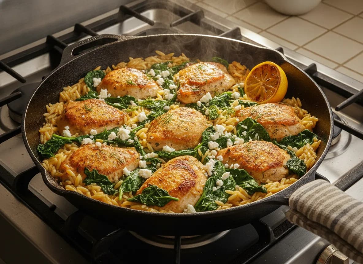 Greek Lemon Chicken and Orzo Skillet