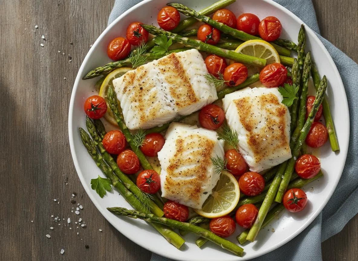 Lemon Herb Baked Cod with Asparagus & Cherry Tomatoes