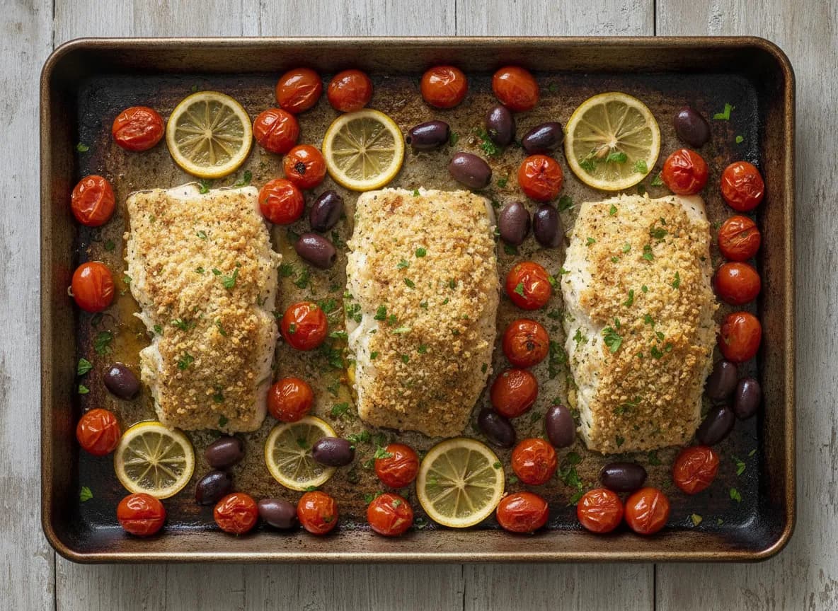 Lemon Herb Baked Cod with Cherry Tomatoes and Olives