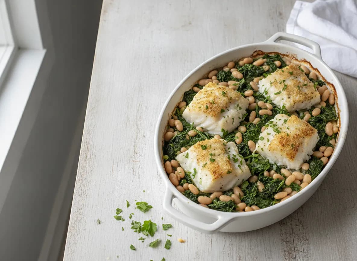Lemony Baked Cod with White Beans and Spinach