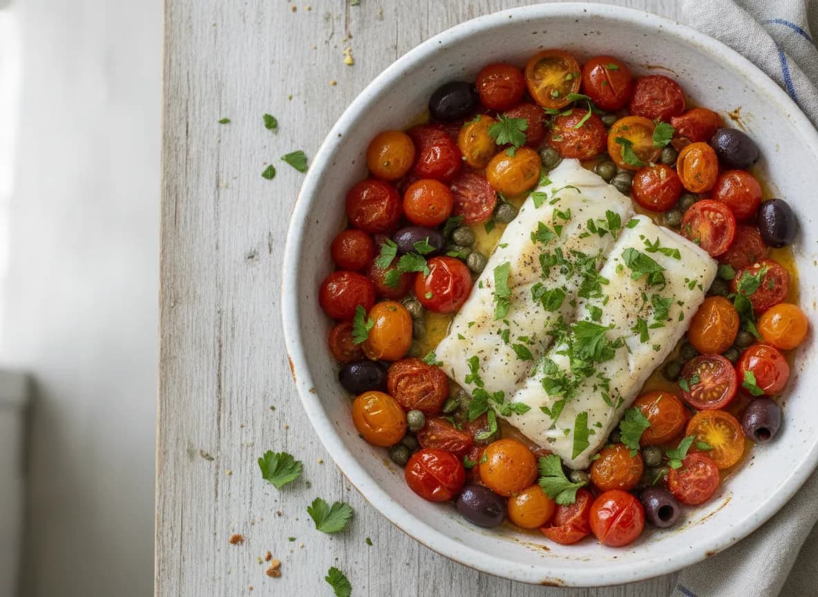 Mediterranean Baked Cod with Cherry Tomatoes and Olives