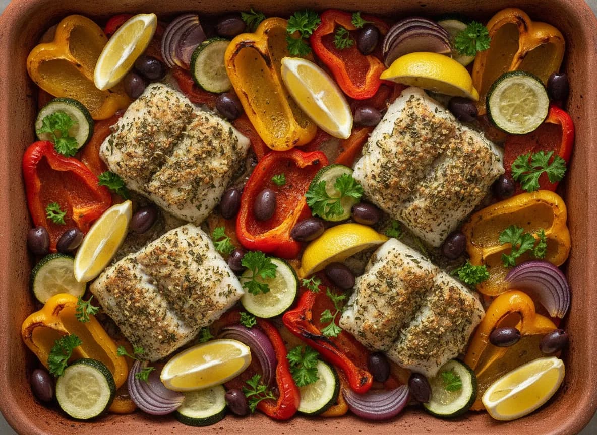 Mediterranean Baked Cod with Roasted Vegetables
