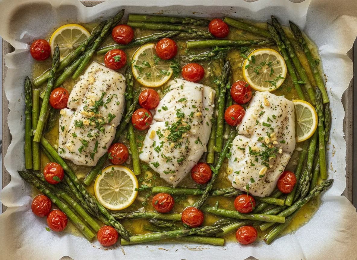 One-Pan Lemon Garlic Baked Cod with Asparagus and Cherry Tomatoes