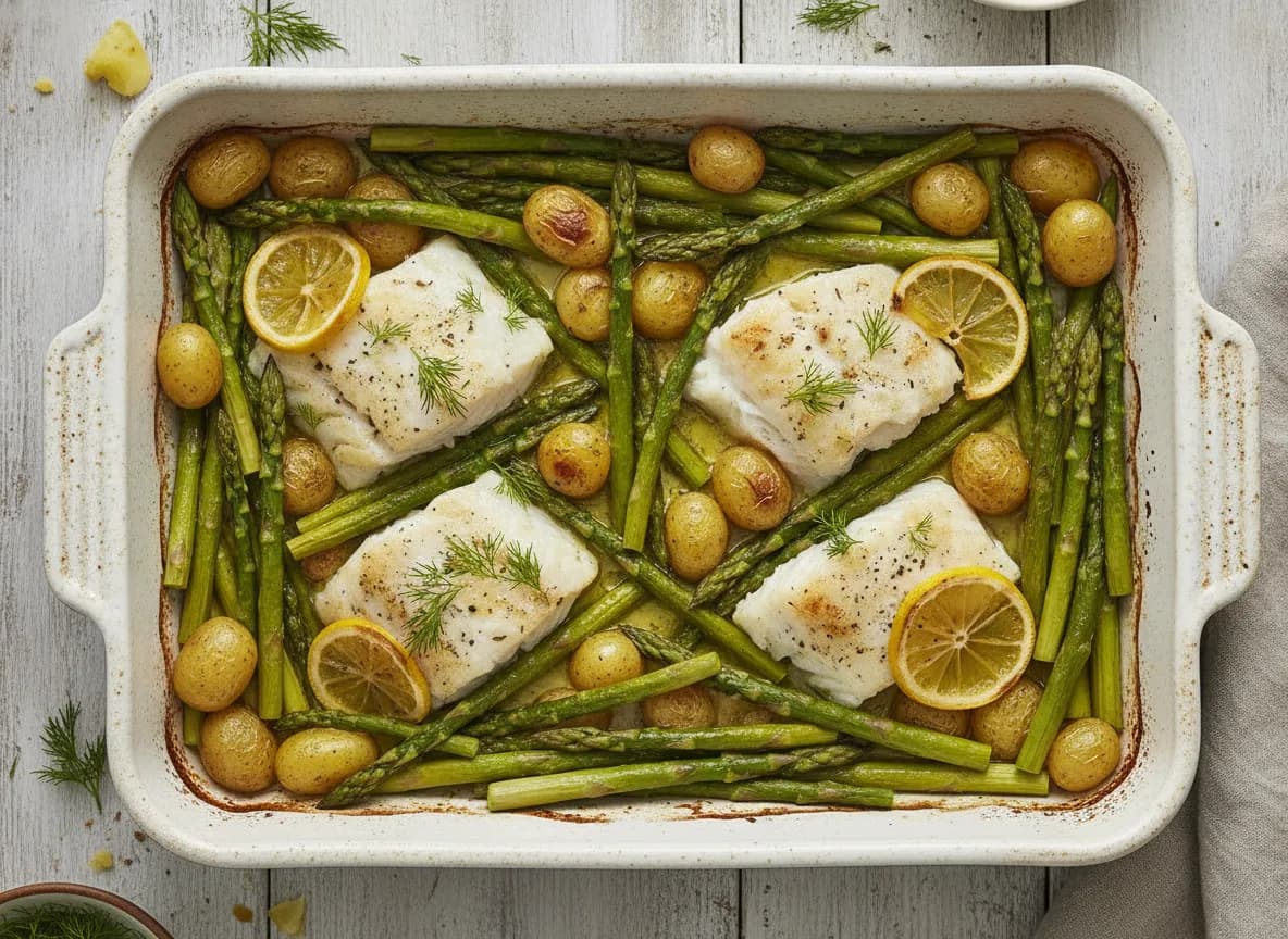 One-Pan Lemon Herb Baked Cod with Asparagus and Potatoes