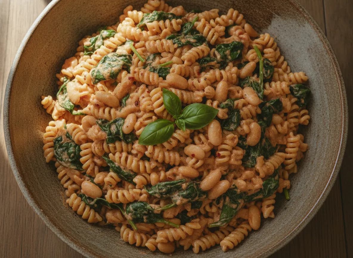 One-Pot Creamy Tomato and Spinach Pasta with White Beans