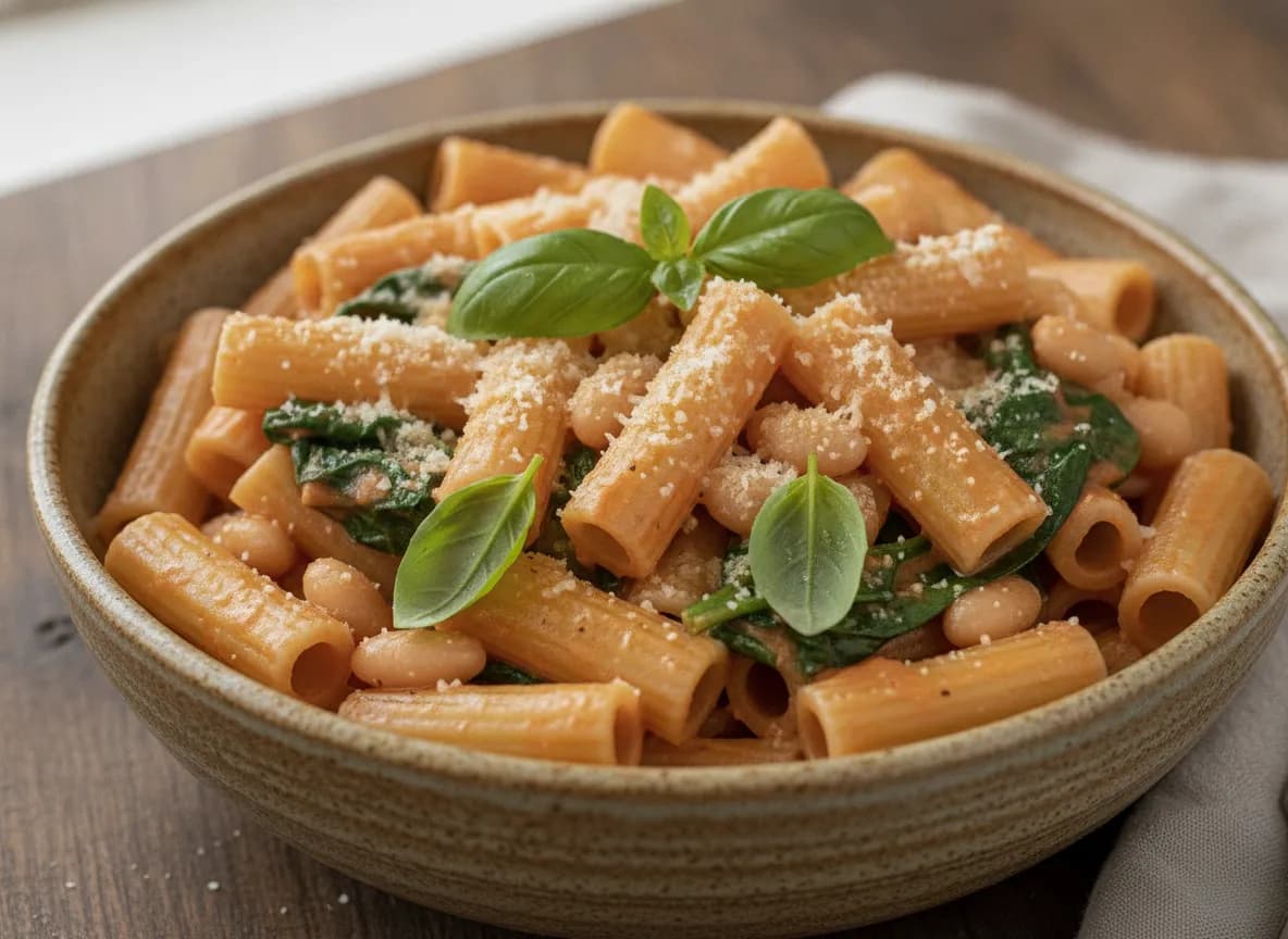 One-Pot Creamy Tomato Pasta with Spinach and White Beans
