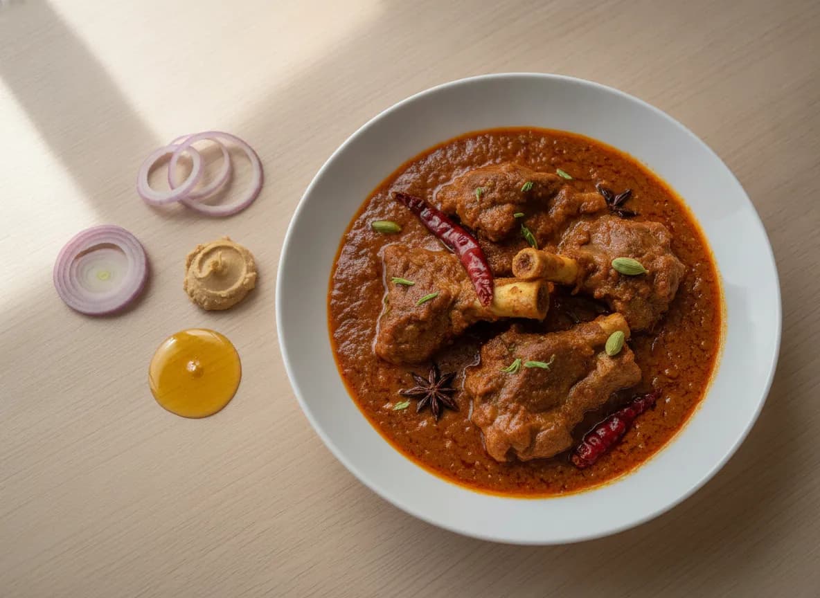 Rogan Josh — A Kashmiri lamb curry with a deep red, aromatic gravy built on yogurt, fennel, and Kashmiri chilies. Slow-brais…
