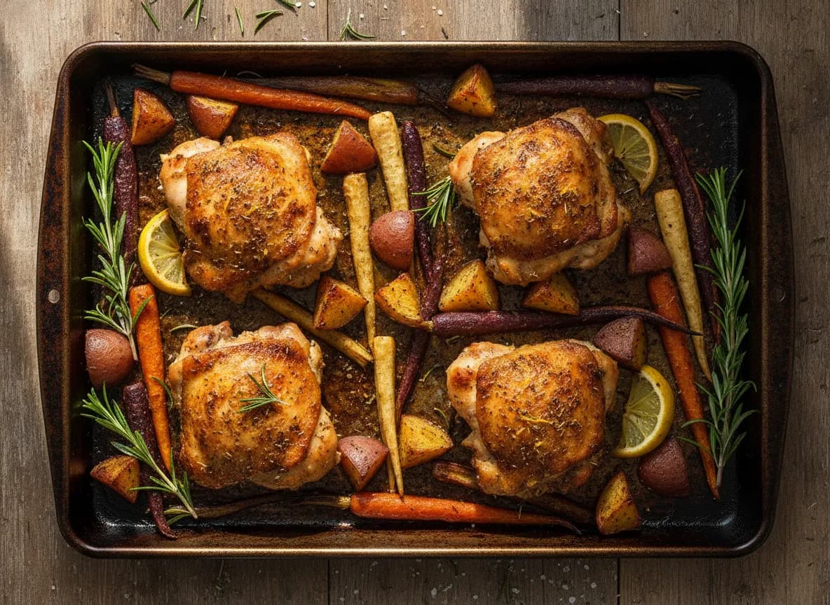 Sheet Pan Lemon Herb Chicken Thighs with Root Vegetables