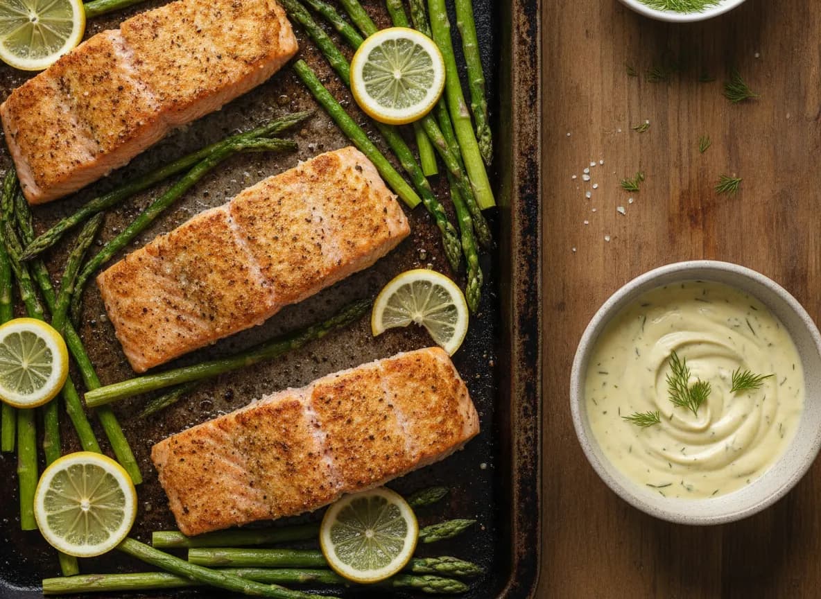 Sheet Pan Salmon with Asparagus and Lemon-Dill Sauce