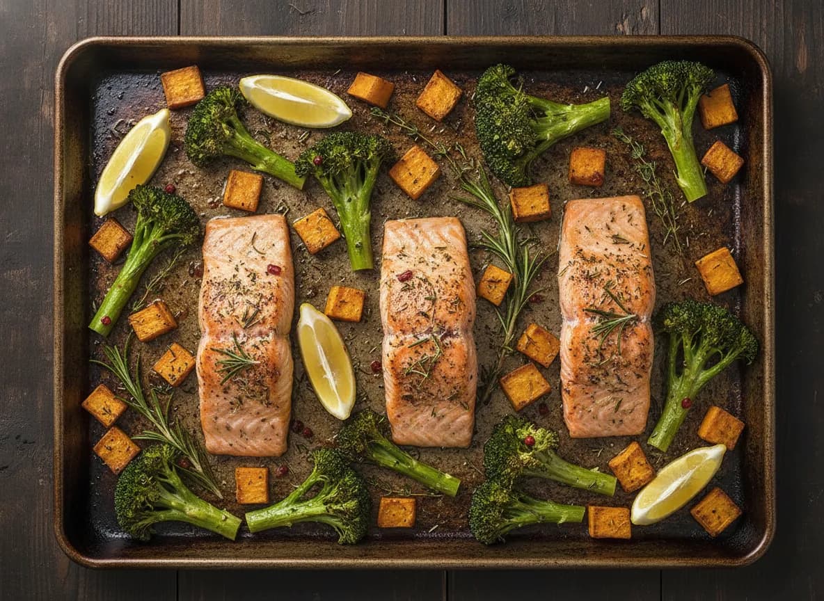 Sheet Pan Salmon with Roasted Broccoli and Sweet Potatoes