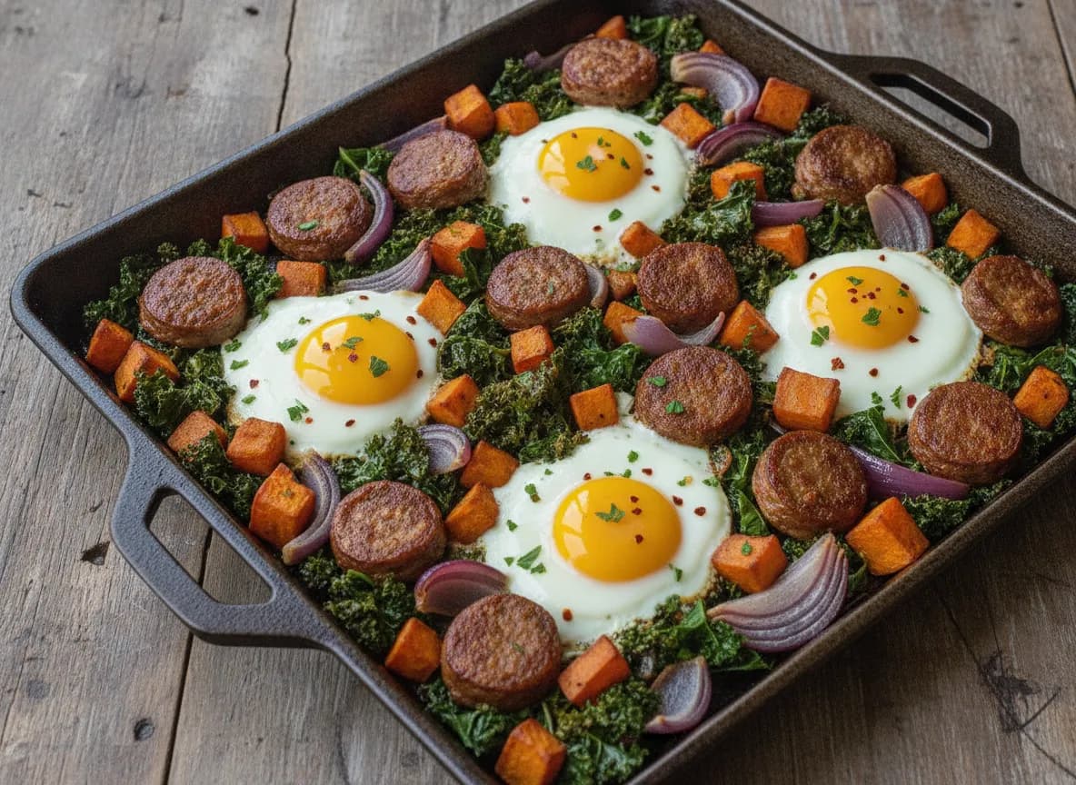 Sheet Pan Sausage and Sweet Potato Hash with Eggs