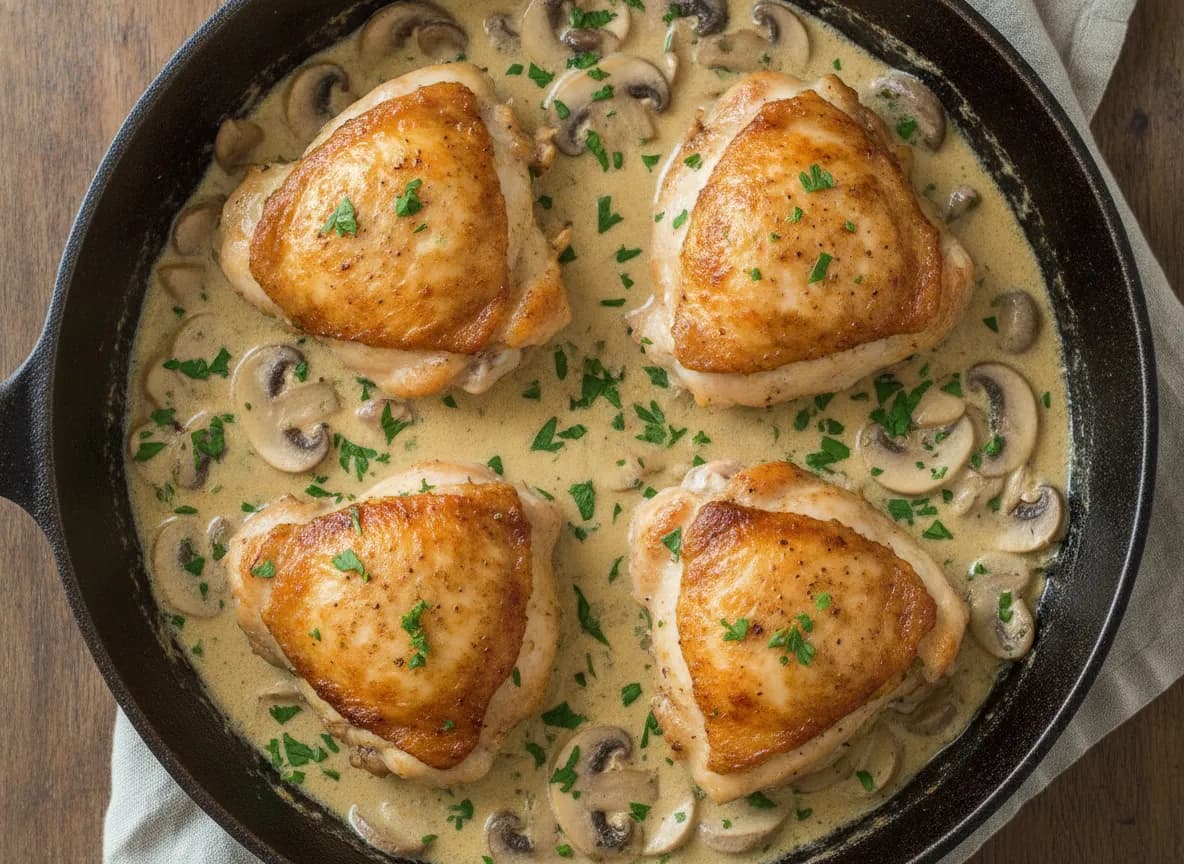 Skillet Chicken Thighs with Creamy Mushroom Sauce
