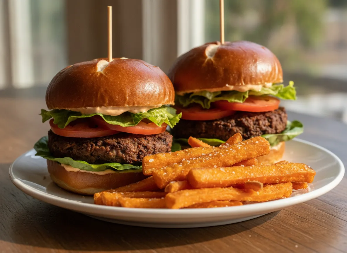 Speedy Black Bean Burgers on Pretzel Buns