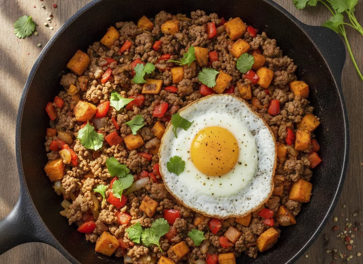 Spicy Ground Beef and Sweet Potato Hash