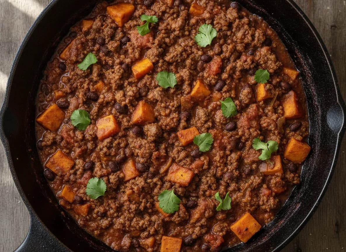 Spicy Ground Beef and Sweet Potato Skillet with Black Beans