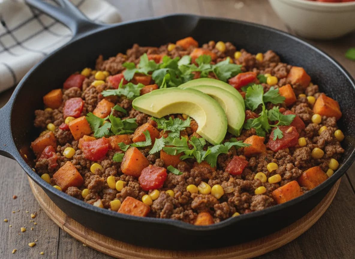 Spicy Ground Beef and Sweet Potato Skillet