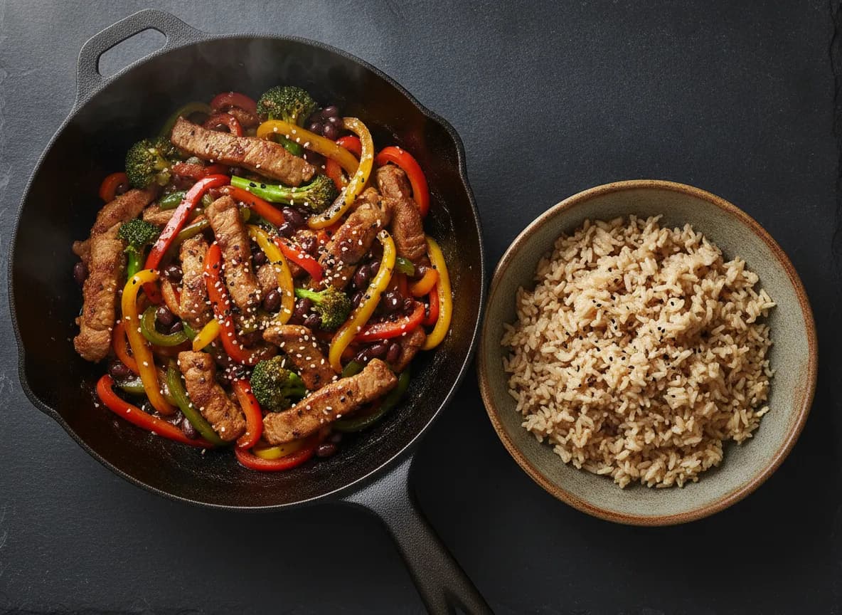 Spicy Pork and Black Bean Stir-Fry with Brown Rice