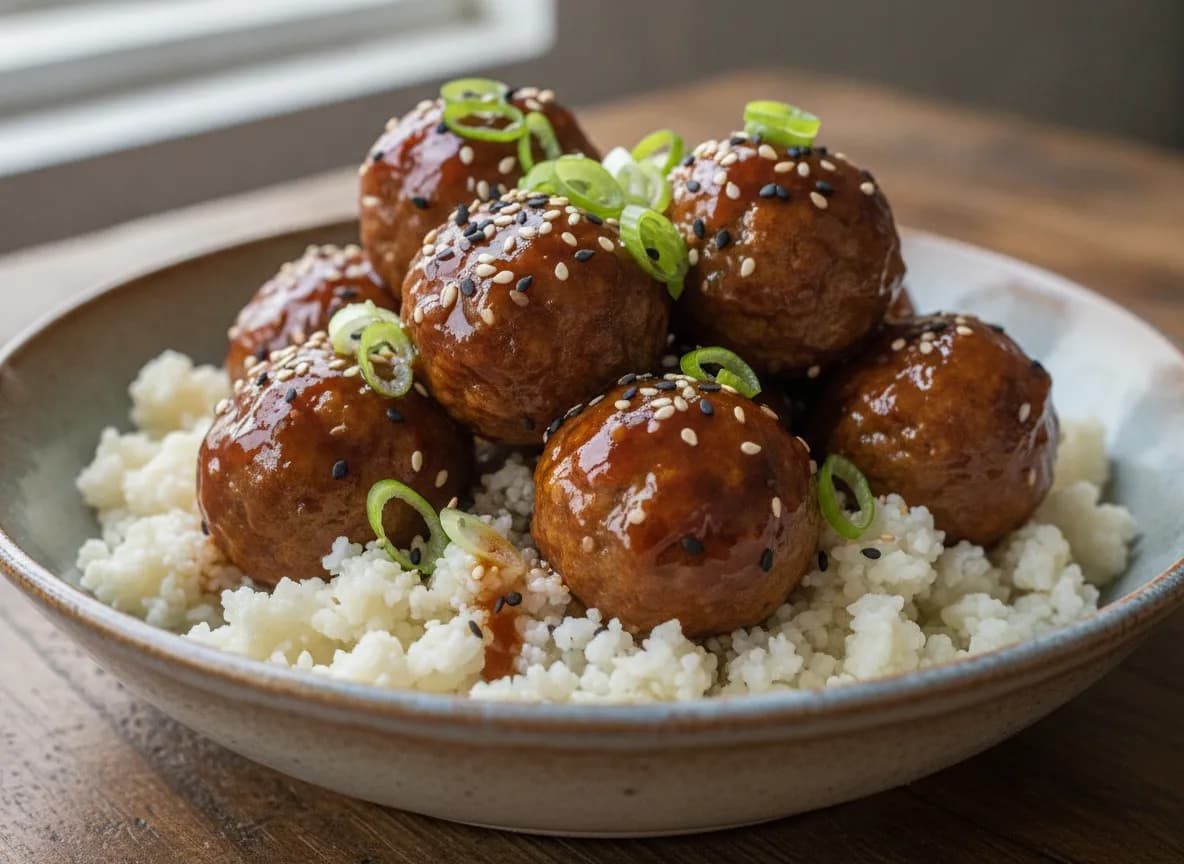 Teriyaki Glazed Meatballs with Cauliflower Rice