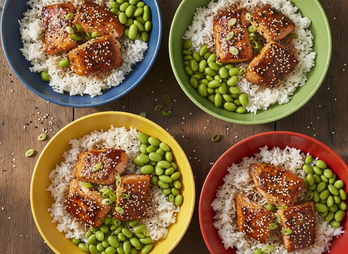Teriyaki Salmon Bowls with Edamame & Rice