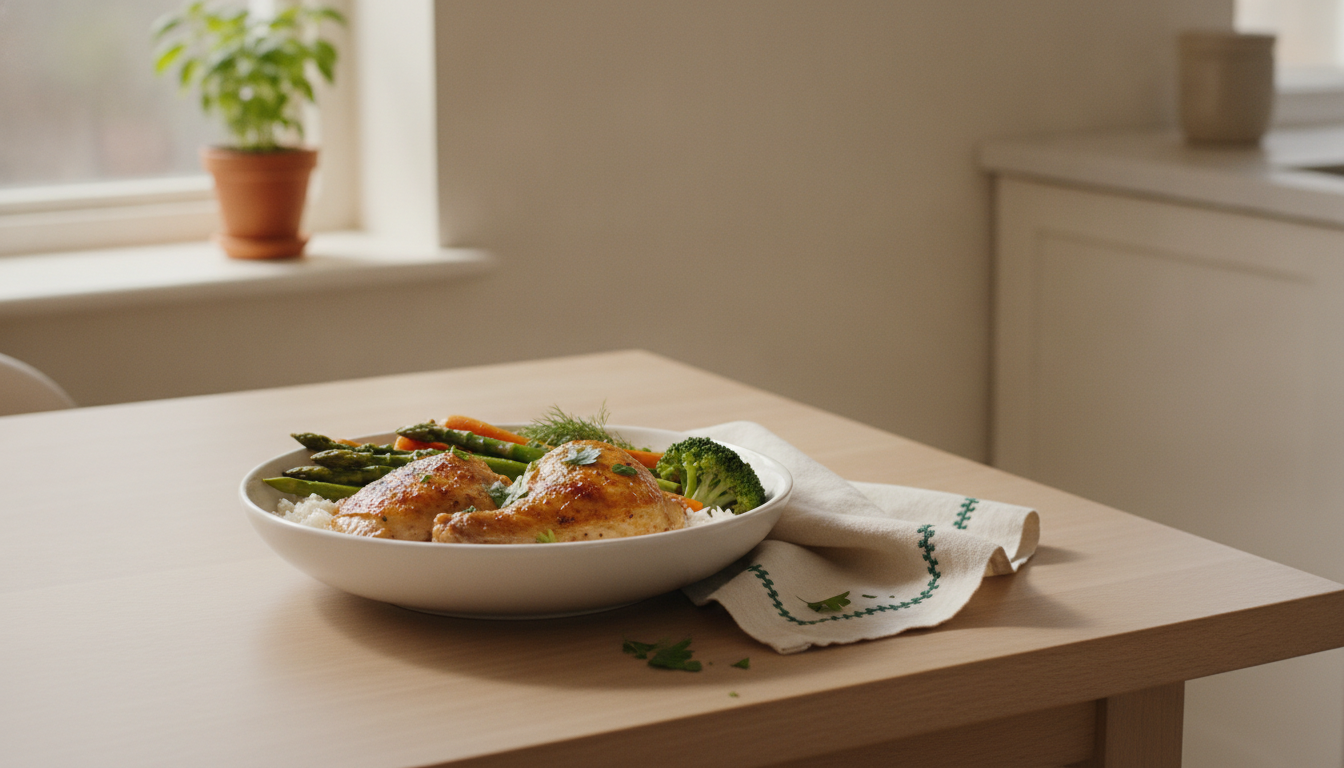 A warm family dinner — roasted chicken, fresh herbs, and vegetables on a light wood table